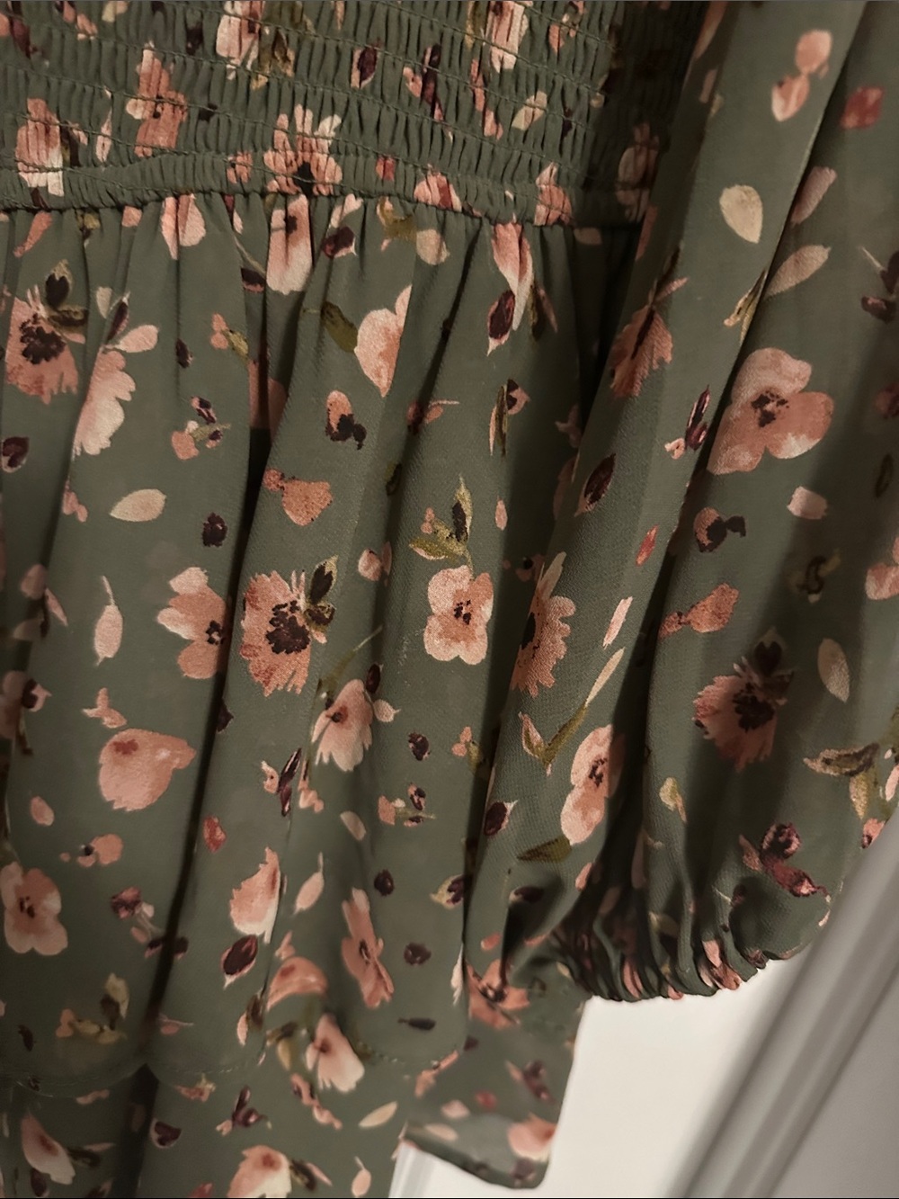 Dynamite Olive Floral V-Neck Smocked Waist Mini Dress - Picture 6 of 12